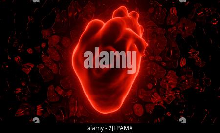 Modello digitale del cuore pulsante umano realistico, diagnostica del sistema circolatorio umano. Design. Silhouette al neon di un cuore. Foto Stock