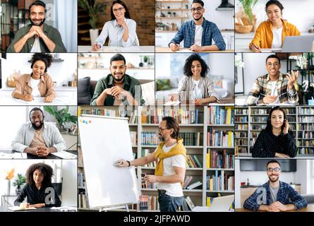 Video training online. Insegnante maschile maturo e intelligente caucasico vicino al tabellone segnaletico, con lezioni a distanza per studenti multirazziali, webinar in videoconferenza, concetto di e-learning Foto Stock