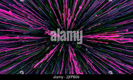 Sfondo nero.movimento.linee sottili e luminose di colori diversi che volano lungo il filmato al centro e cadono nell'animazione. Foto Stock