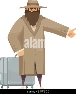 Composizione autostop hitchhiking con personaggio in stile doodle dell'uomo in viaggio con illustrazione vettoriale della valigia Illustrazione Vettoriale