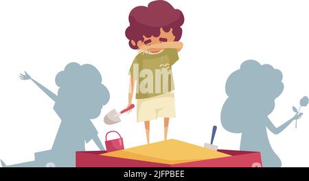 Ragazzo triste che piange in sandpit sullo sfondo con silhouette di bambini allegri cartoon illustrazione vettoriale Illustrazione Vettoriale
