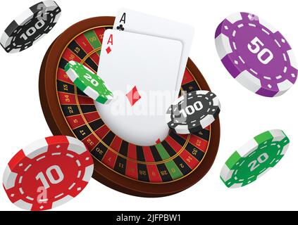 Composizione realistica del casino del club del poker con immagini di fiches di gioco volante con carte e illustrazione vettoriale della roulette Illustrazione Vettoriale