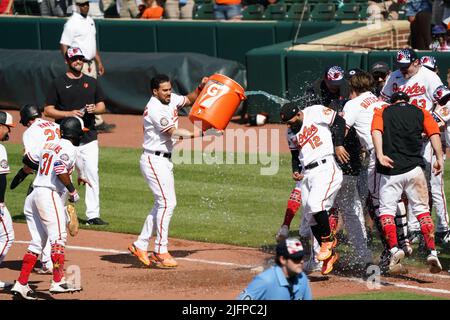 Baltimora, Stati Uniti. 04th luglio 2022. BALTIMORA, MD - 04 LUGLIO: Durante una partita MLB tra i Baltimore Orioles e i Texas Rangers, il 04 luglio 2022, all'Orioles Park a Camden Yards, a Baltimora, Maryland. (Foto di Tony Quinn/SipaUSA) Credit: Sipa USA/Alamy Live News Foto Stock