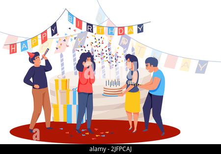 Felice celebrazione persone composizione con personaggi umani confetti e decorazioni festive illustrazione vettoriale Illustrazione Vettoriale