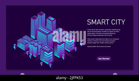 Città intelligente in uno stile futuristico. Illustrazione isometrica della città intelligente. Edifici intelligenti. Business center con grattacieli e edifici intelligenti Illustrazione Vettoriale