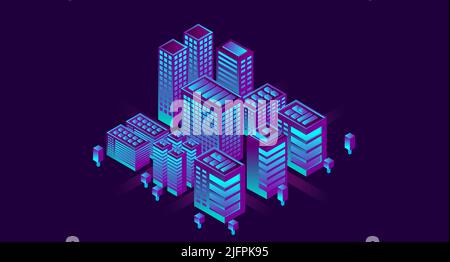 Città intelligente in uno stile futuristico. Illustrazione isometrica della città intelligente. Edifici intelligenti. Business center con grattacieli e edifici intelligenti Illustrazione Vettoriale