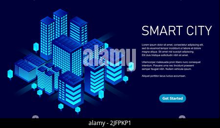 Città intelligente in uno stile futuristico. Illustrazione isometrica della città intelligente. Edifici intelligenti. Business center con grattacieli e edifici intelligenti Illustrazione Vettoriale