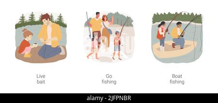 Famiglia pesca isolato cartoon vettore illustrazione set. L'uomo aggancia il bate vivo, pesca con il bambino, vacanza in famiglia al lago, tenendo la canna da pesca, cattura del pesce dalla barca, cartone animato vettore di vacanza. Illustrazione Vettoriale