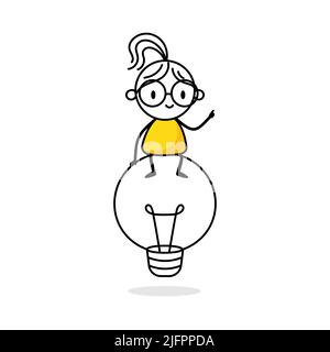 Illustrazione di una donna seduta sopra una lampadina grande. Creatività e concetto di idea. Stickman tirato a mano isolato su sfondo bianco. Vet Illustrazione Vettoriale