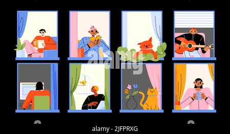 Vicini e animali domestici nelle finestre della casa di notte. Illustrazione piatta vettoriale di persone in appartamenti lavoro su computer, suonare la chitarra, mangiare, leggere libro e guardare fuori in finestre isolate su sfondo nero Illustrazione Vettoriale