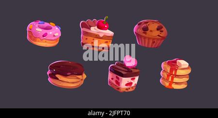 Giochi icone dolci, dolci e dessert. Cartoon 2D ui elementi grafici, pasticceria, cupcakes, ciambelle, ratafia e frittelle con guarnitura, chocloate, bacche, frutta e spolvers isolato vettore set Illustrazione Vettoriale