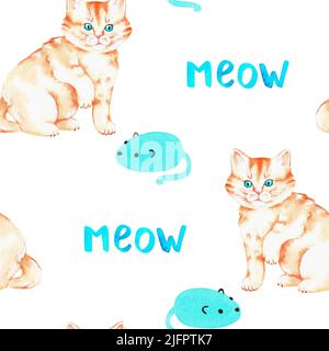 Un gatto rosso con un topo. Ripetizione senza giunture. Illustrazione dell'acquerello. Isolato su uno sfondo bianco.per il tuo design Foto Stock