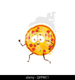 Pizza rotonda carattere cartoon. Pizzeria pasto divertente isolato vettore personage, fast food cafe o ristorante pizza calda fresco carino carattere con salame, formaggio e cipolla, hurying e running Illustrazione Vettoriale