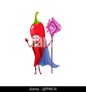 Cartoon rosso peperoncino personaggio mago, vettore divertente vegetariano . Bambini simpatico verdure divertenti, peperoncino piccante caldo come mago o stregone con bacchetta magica o bastone di alimentazione Illustrazione Vettoriale