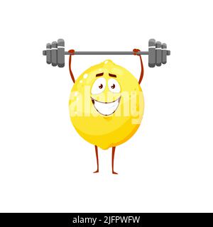 Fumetto limone allenamento con barbell, frutta sportiva icona vettoriale, divertente personaggio sport esercizi con peso isolato su sfondo bianco. Cibo sano, stile di vita sportivo, simbolo di nutrizione biologica Illustrazione Vettoriale