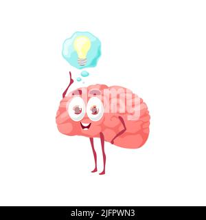 Cervello intelligente con lampadina isolato divertente personaggio cartoon. Vettore divertente intelligente simbolo di intelligenza e potere cerebrale, pensiero emoticon positivo con lampadina nuova idea segno. Mascotte pensatore Genius Illustrazione Vettoriale