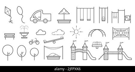 Parco giochi per bambini con altalene, sandbox e panca nel parco. Icone dell'area bambini. Illustrazioni vettoriali di contorno Illustrazione Vettoriale