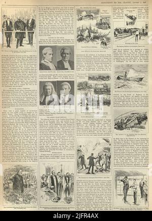 Pagina del giornale vintage, Eventi dell'anno, 1897, attacco terroristico, Jugdes, Shipwreck, incidente del treno Foto Stock
