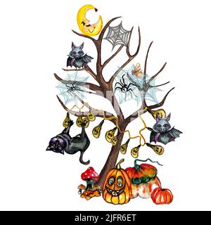 Acquerello carino cartoon halloween .Halloween albero con gatto nero, zucche, funghi, ragno in rete, pipistrelli, luna. Cartoon felice bambini Halloween vacanza Foto Stock