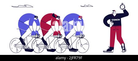 Banner da corsa in bicicletta con ciclisti maschi e femmine e allenatore in stile minimale isolato su sfondo bianco. Illustrazione del vettore Flat Art Illustrazione Vettoriale