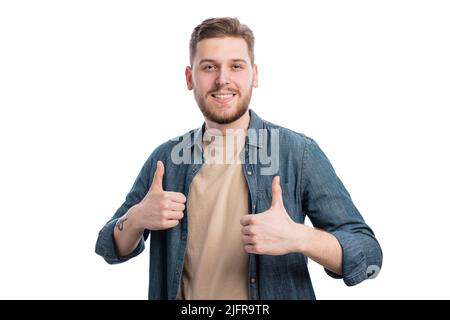 Felice l'uomo che mostra pollice in alto Foto Stock
