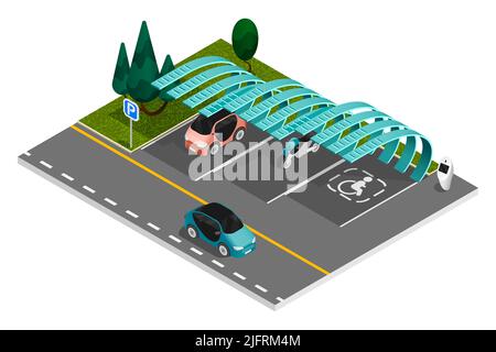 Parcheggio isometrico a composizione colorata posti di parcheggio con tetto a capanna sul lato dell'illustrazione del vettore stradale Illustrazione Vettoriale