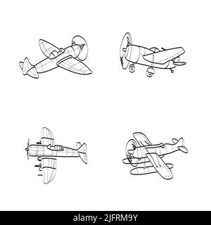 Set di aeroplani disegnati a mano. I contorni del velivolo in stile Doodle su sfondo bianco. Illustrazione Vettoriale