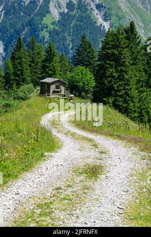 hölzerne Hütte am Waldrand im Brandnertal, mit toller Aussicht auf dem Berg gelegen. Steile steinige Berge im Hintergrund. Alpen in Vorarlberg, Austri Foto Stock