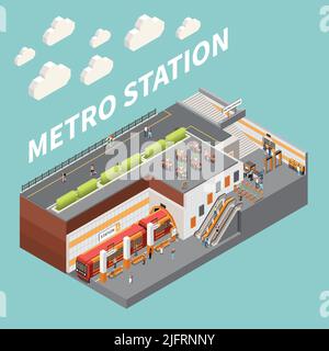 Stazione metropolitana della metropolitana con scala mobile d'ingresso turnstilles passeggeri acquisto biglietti imbarco treno isometrico composizione vettore illustra Illustrazione Vettoriale