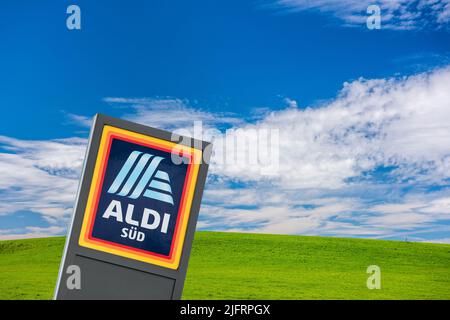 Werbe- und Firmanschild der Firma Aldi Süd Foto Stock