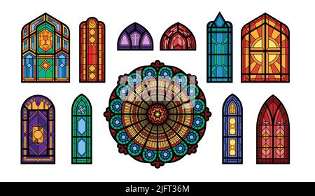 Set di diversi tipi di vetrate mosaico di una chiesa gotica illustrazione vettoriale piatta Illustrazione Vettoriale