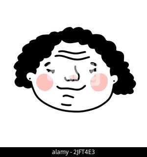 Doodle volto anziano donna. Contorno umano disegnato a mano isolato su sfondo bianco. Nonna curly divertente. Nonna di grumo di cartone animato. Ritratto di tipo femminile Illustrazione Vettoriale