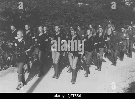 Quattro giorni Marche. Un gruppo di marines ed altri soldati si marchea su una strada di campagna vicino a Nijmegen. Foto Stock