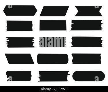 Illustrazione vettoriale del set di nastri lavi vuoti. Sagoma nera per adesivi. Striscia appiccicosa lacerata per arredamento e design Illustrazione Vettoriale