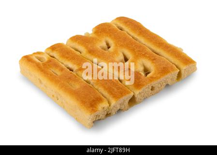 Focaccia pane ligure tipico di Genova - pane di pasta madre e olio d'oliva - fetta quadrata isolata su bianco, percorso di taglio incluso Foto Stock