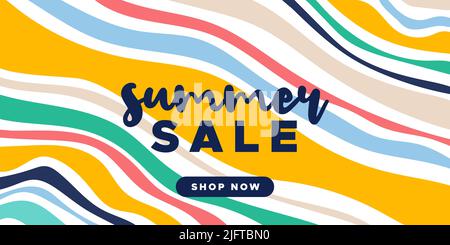 Promozione estiva banner colorato. Astratto organico forme ondulate sfondo. Per newsletter, web header, post sui social media, banner promozionali, pubblicità Illustrazione Vettoriale