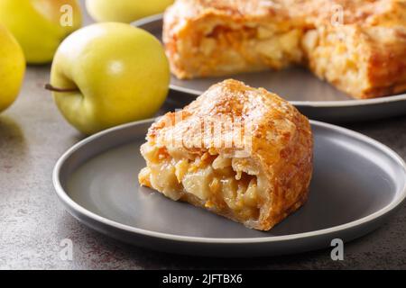 Deliziosa torta al cheddar di mele con crosta croccante da vicino su un piatto sul tavolo. Orizzontale Foto Stock