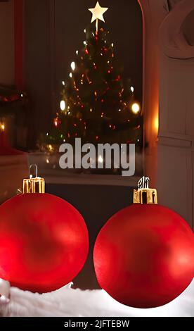 Una resa verticale 3D di baubles rosso di Natale sullo sfondo dell'albero di Natale. Foto Stock