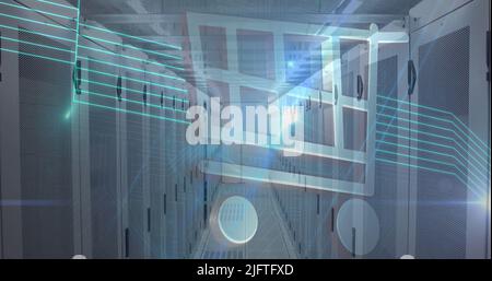 Immagine dell'icona di una scheda acquisti su una sala server vuota. Interfaccia digitale Global Connections Concept immagine generata digitalmente. Foto Stock