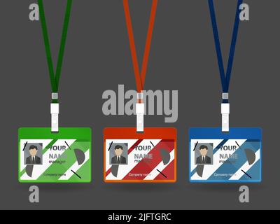 Set di tre immagini realistiche del badge ID isolato con stringhe colorate e illustrazione vettoriale del nome di testo modificabile Illustrazione Vettoriale
