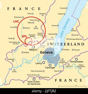 Large Hadron Collider (LHC) e Super Proton Synchrotron (SPS), mappa politica. Il più grande collider di particelle al mondo vicino a Ginevra, Svizzera. Foto Stock