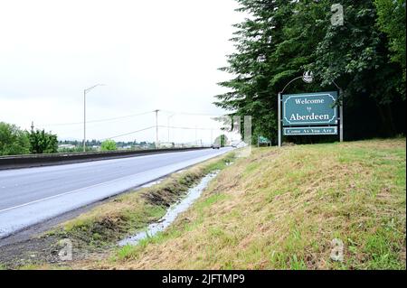 Il segno della città di Aberdeen a Washington dichiara gli Stati Uniti. Foto Stock