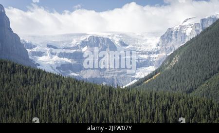 Dettaglio su un massiccio ghiacciaio appeso alla montagna con la foresta sottostante, Jasper, Canada Foto Stock