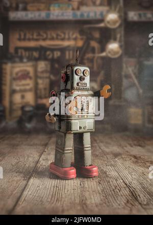 Un robot giocattolo d'epoca, retrò, con orologio Foto Stock