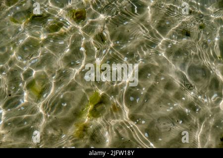 Acqua limpida sulla spiaggia in una giornata estiva con spazio per fotocopie. Vista dall'alto della calma bassa marea del mare ondeggiare durante la primavera. Primo piano del sole luminoso riflesso splendente Foto Stock