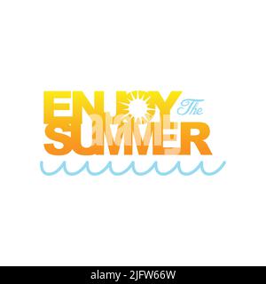 Goditi l'estate o l'estate con il logo e il design vettoriale. Spiaggia e semplice oceano onda flat design vettore. Astratto creativo logo stagione estiva Illustrazione Vettoriale