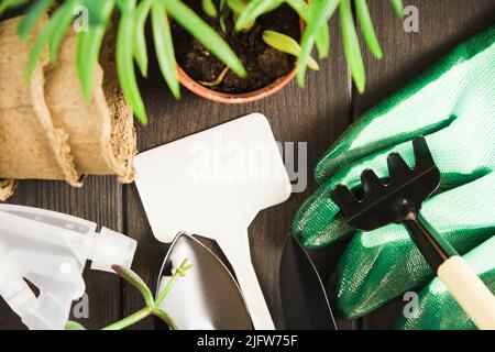 Etichetta di plastica per testo per giardinaggio domestico con vasi di fiori e guanti Foto Stock