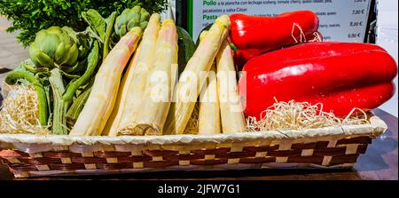 Asparagi bianchi, peperoni rossi e carciofi. La regione di Tudela, sulle rive del fiume Ebro, ha un'agricoltura prospera. Tudela, Navarra, Spagna Foto Stock