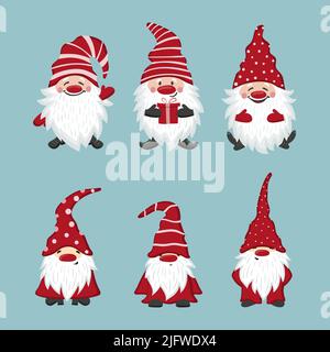Set di gnomes. Personaggi di Natale Babbo Natale, illustrazione vettoriale. Illustrazione Vettoriale