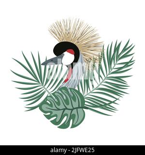 Gru a corona grigia con foglie esotiche. Illustrazione di uccelli giapponesi vettoriali. Illustrazione Vettoriale